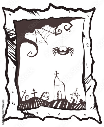 Happy Halloween frame with smiling spider, tombstones and church