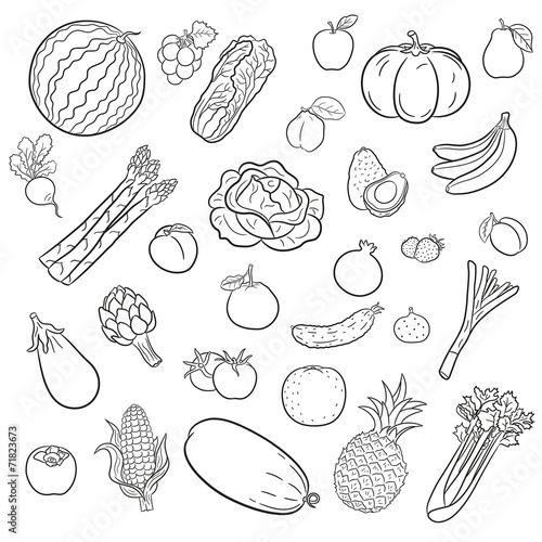 black and white fruit and vegetables