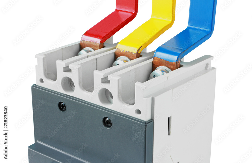 Copper Busbar Connection Circuit Breaker isolated on white backg Stock