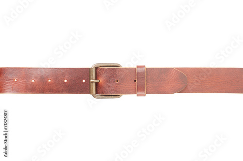Brown leather belt with buckle on white, clipping path photo