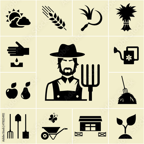 Farmer surrounded by farming themed icons