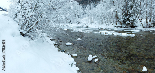 Winter mountain river panorama.