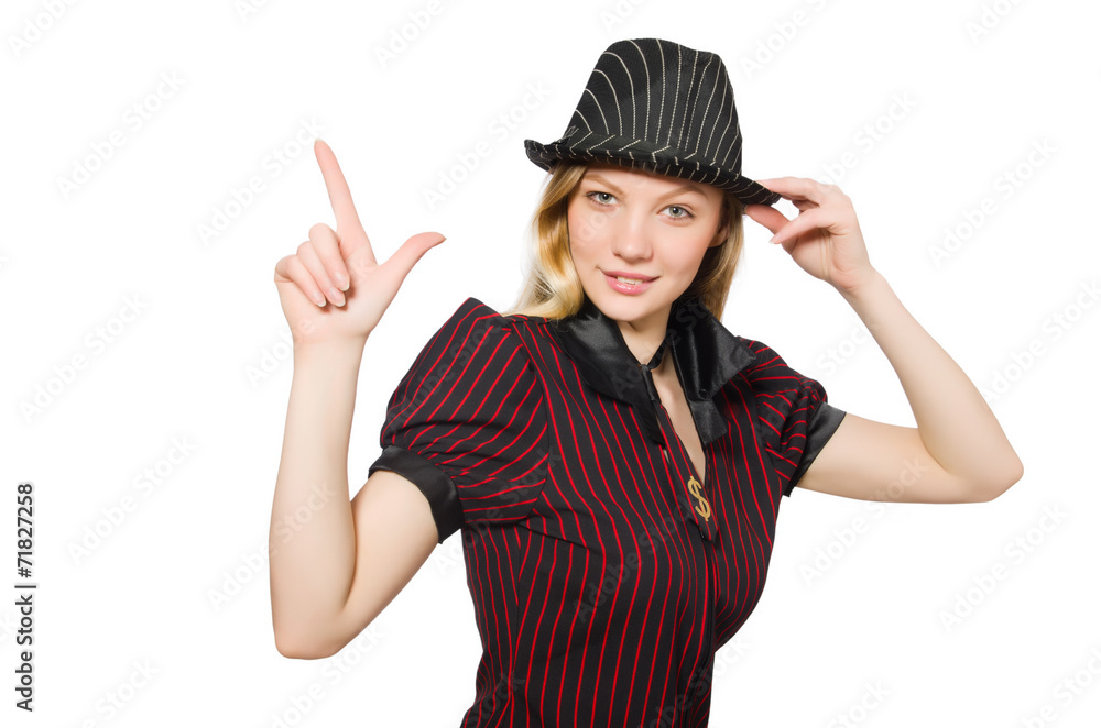 Woman dressed as gangster isolated on white Woman dressed as gangster isolated on white