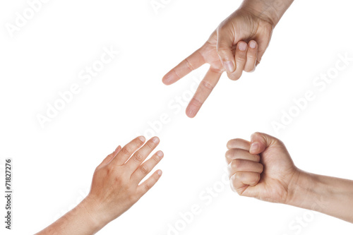 hands making sign game, Rock, paper, scissors isolated on white