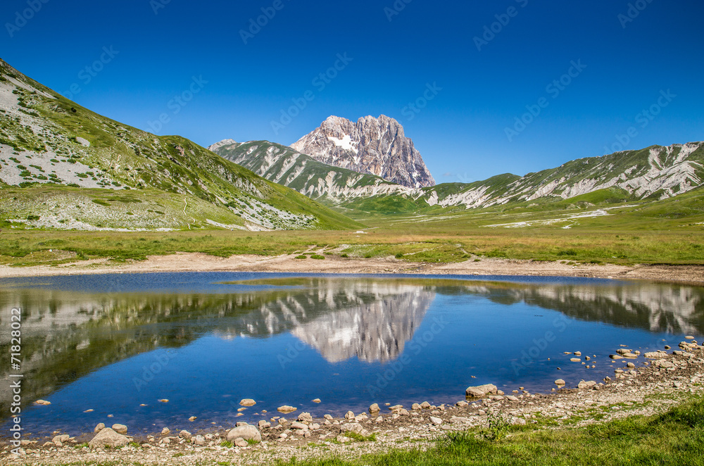 Gran Sasso mountain lake reflection, Campo Imperatore, Italy