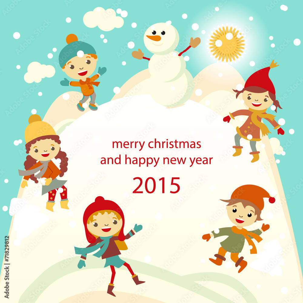 Happy kids playing with snow retro christmas card. Vector Happy kids playing with snow retro christmas card. Vector
