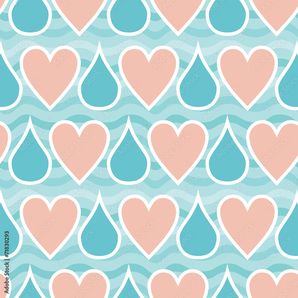 Seamless pattern with hearts and drops. Hearts lost in the rain