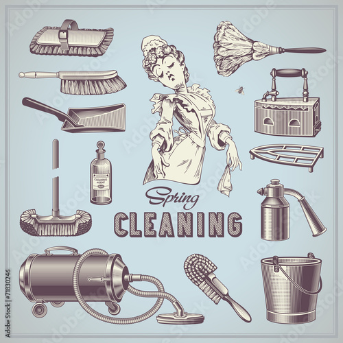 spring cleaning - set of hand-drawn vintage household items