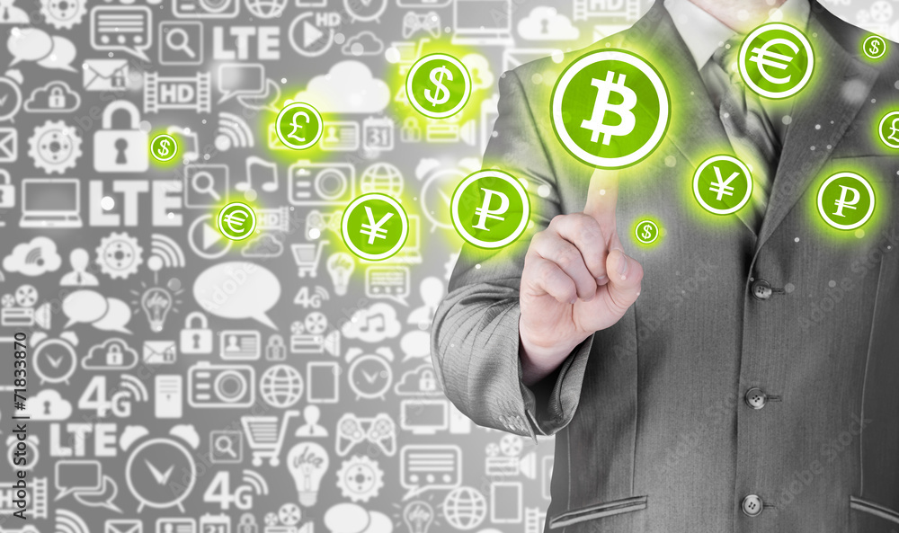 Choosing bitcoins, businessman pressing touch screen button. Choosing bitcoins, businessman pressing touch screen button.