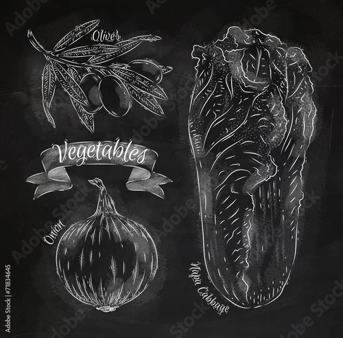 Vegetables onion, napa cabbage, olives chalk