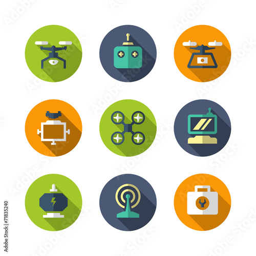 Set flat icons of quadrocopter, multicopter and drone