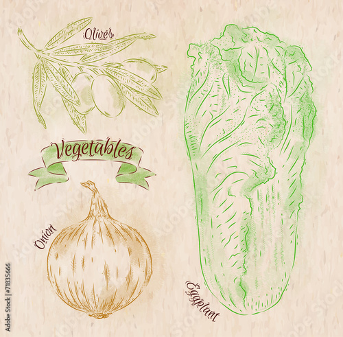 Vegetables onion, napa cabbage, olives country