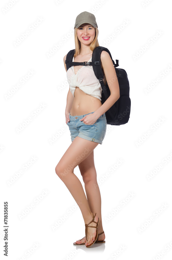 Woman with backpack isolated on white Woman with backpack isolated on white