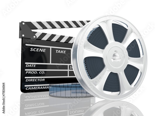 illustration of cinema clap and film reel, over white background