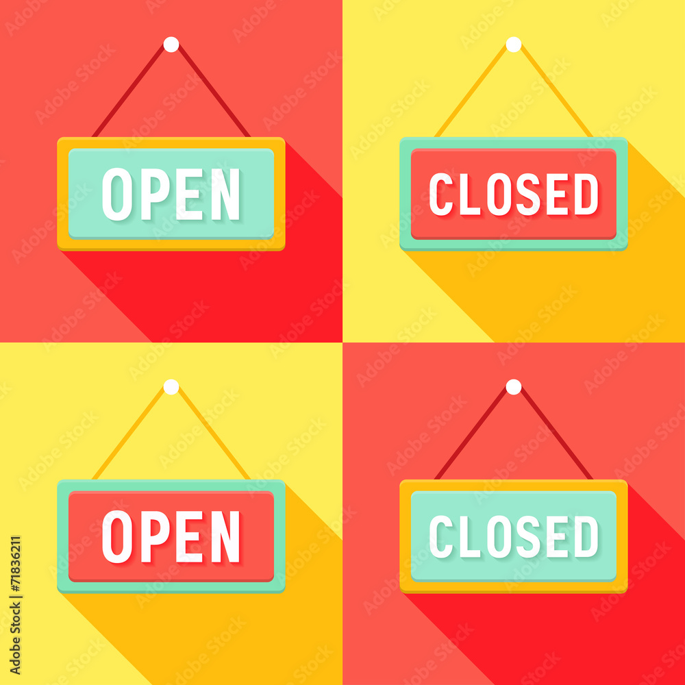 Yellow Red Cyan Open and Closed Signs Set