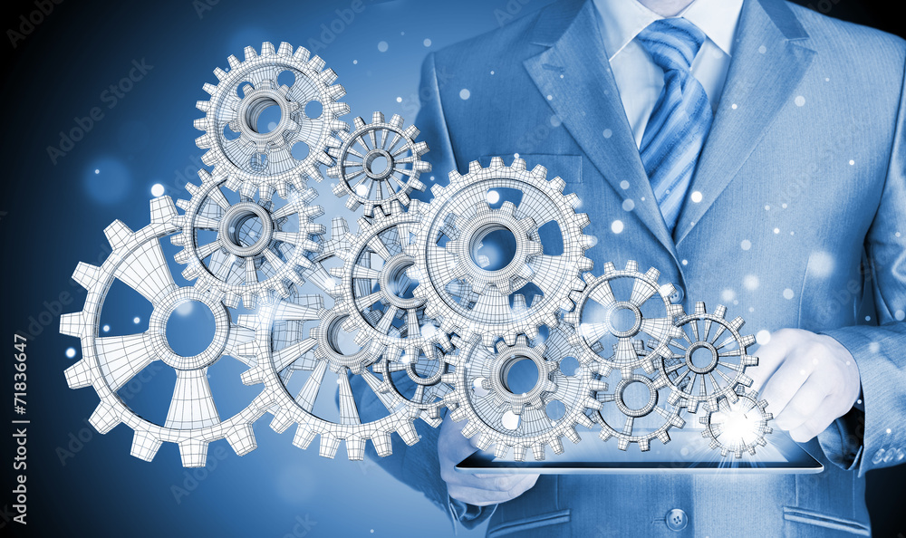businessman hand touch gear to success concept businessman hand touch gear to success concept