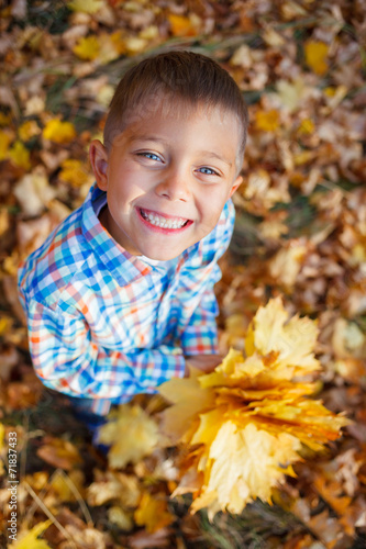 Cute boy with autumn leaves