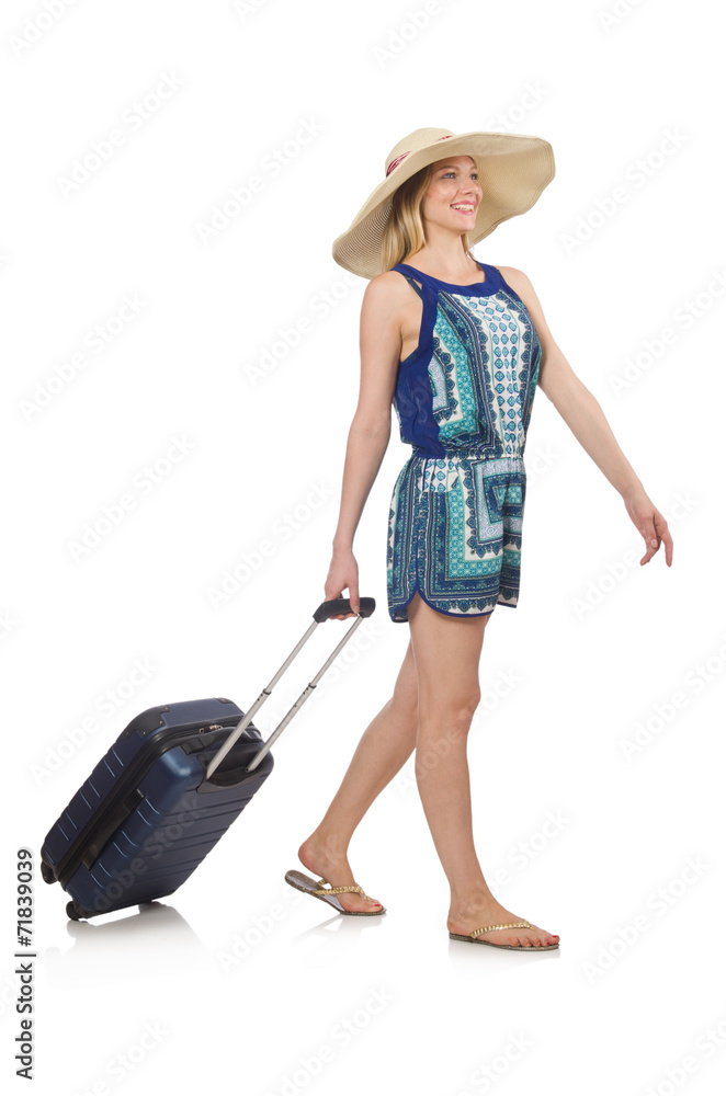 Woman preparing for summer vacation on white Woman preparing for summer vacation on white