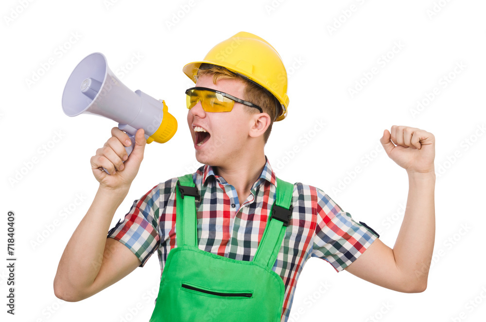 Funny construction worker with loudspeaker on white Funny construction worker with loudspeaker on white