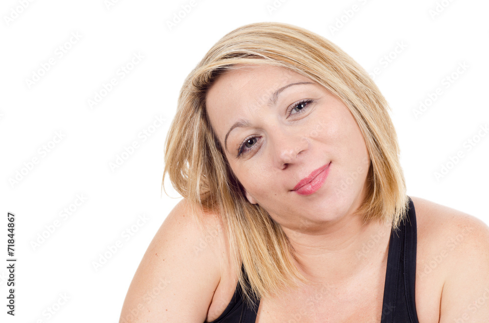 Portrait of a beautiful blonde woman smiling on white isolated Portrait of a beautiful blonde woman smiling on white isolated