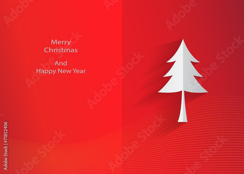 White Christmas tree and shadow on red background.