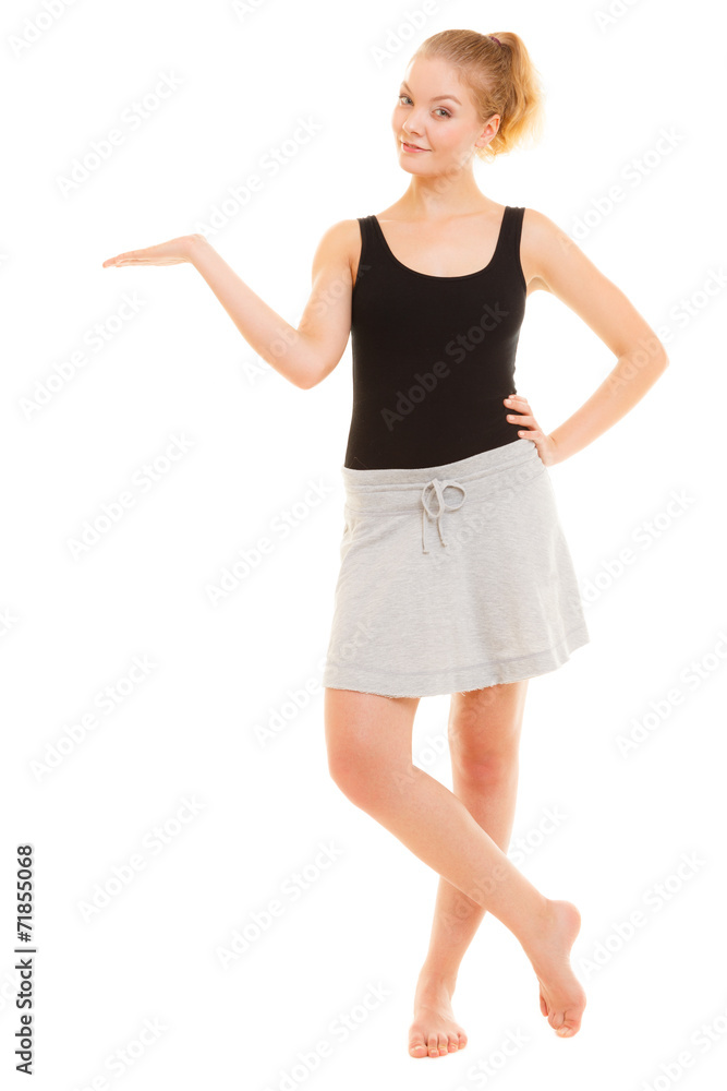 sporty girl showing blank copy space on hand sporty girl showing blank copy space on hand