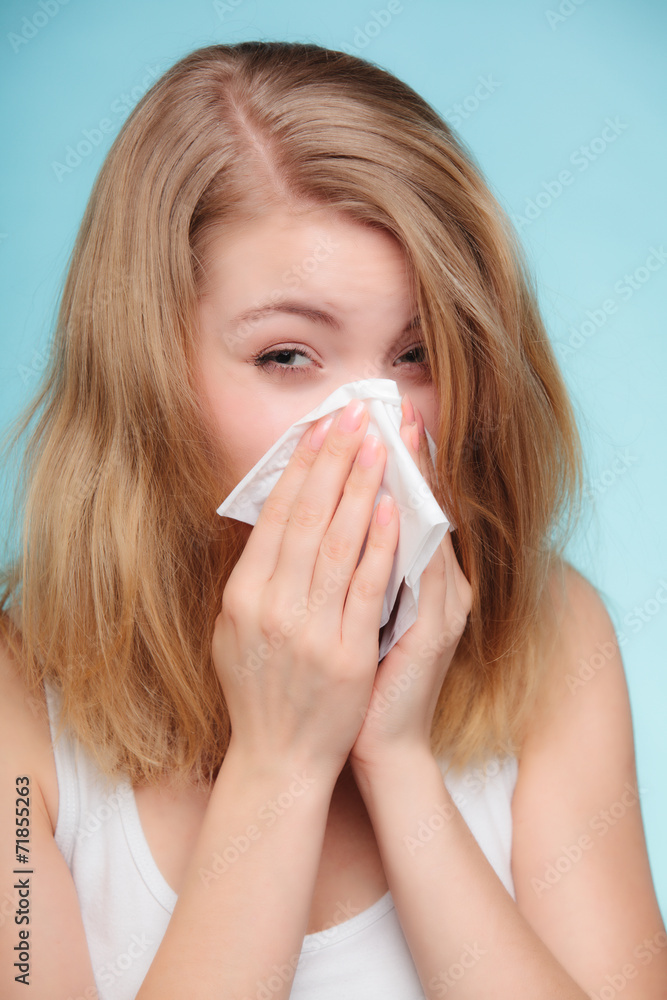 Flu allergy. Sick girl sneezing in tissue. Health Flu allergy. Sick girl sneezing in tissue. Health