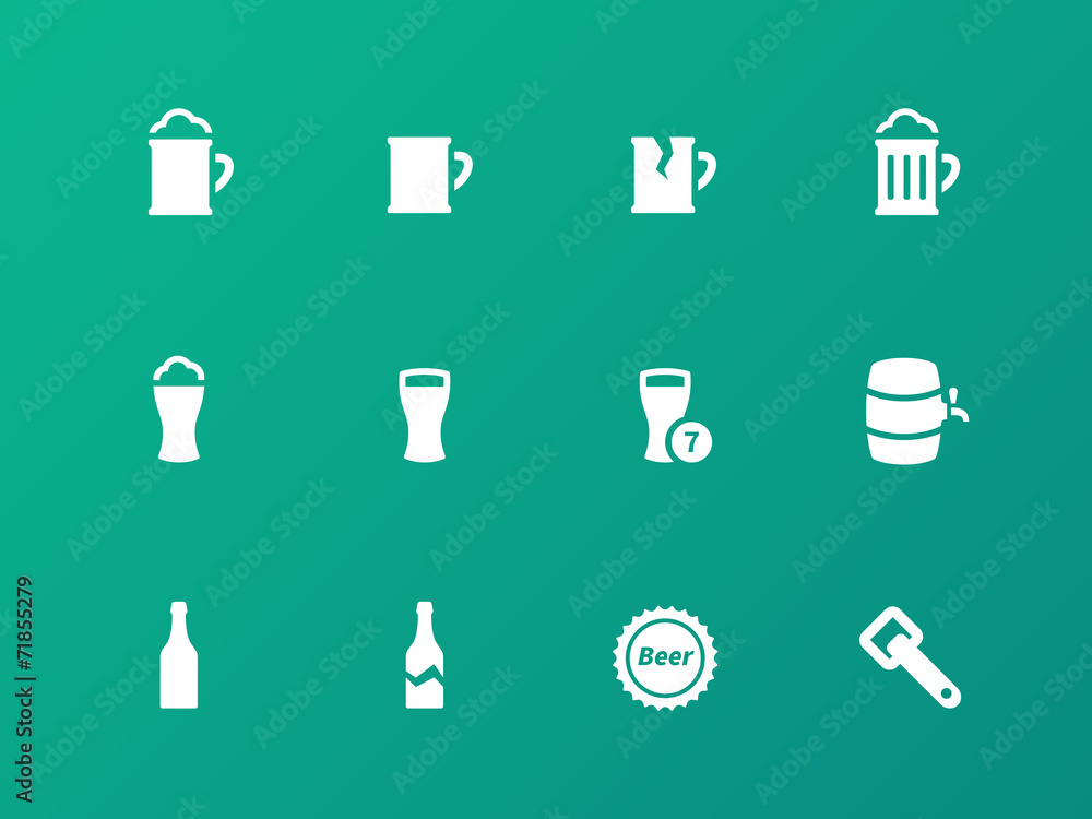 Bottle and glass of beer icons on green background. Bottle and glass of beer icons on green background.