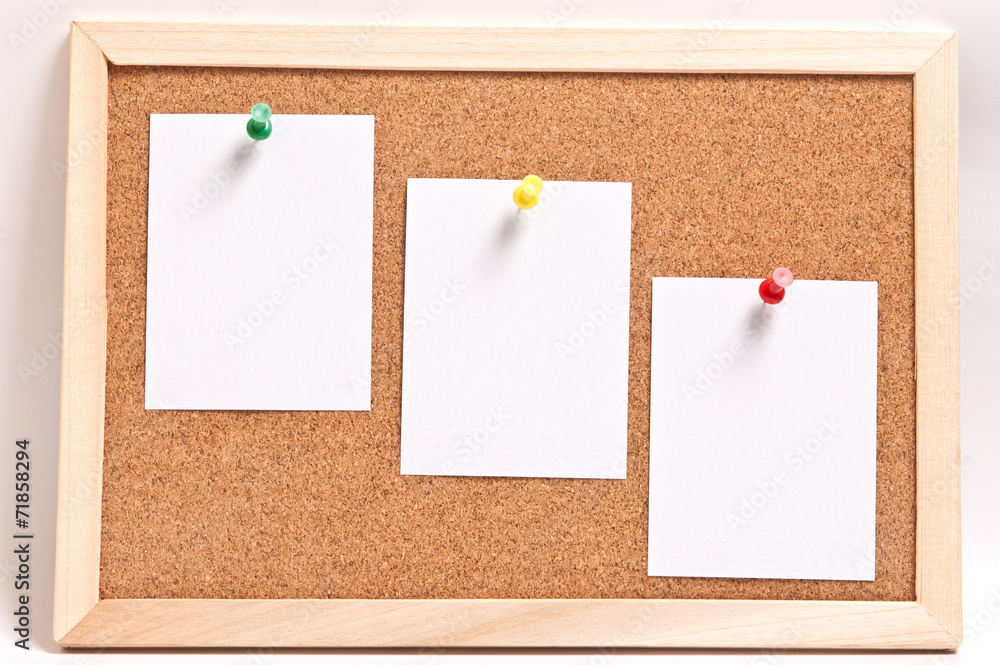 Cork board with blank notes, isolated on white Cork board with blank notes, isolated on white