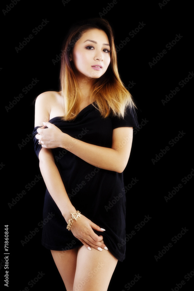Fototapeta premium Attracitve Asian American Woman Black Dress