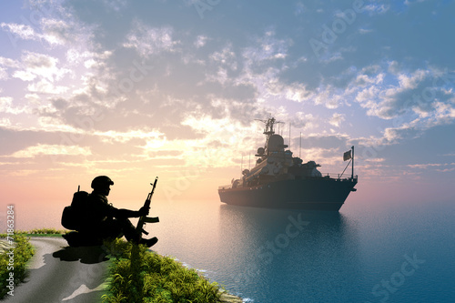 Photo Silhouette of a soldier and ship.