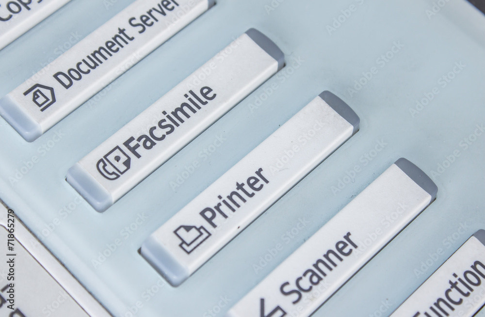 Obraz premium Office life, fax, copy machine, start button close up
