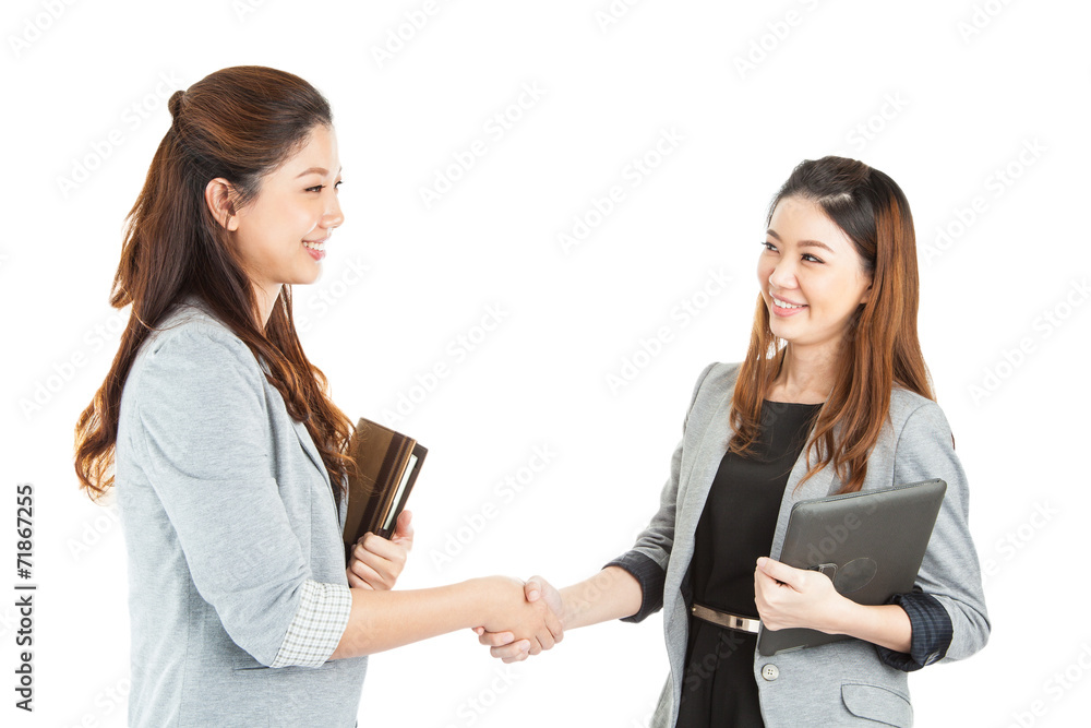 Two beauty businesswomen handshaking
