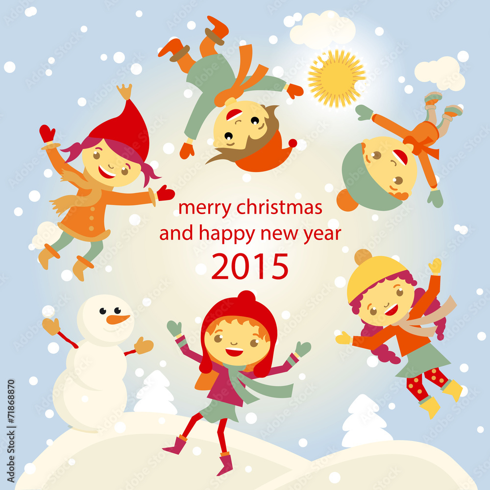 Winter Fun snowman kids vector 2015 retro Winter Fun snowman kids vector 2015 retro