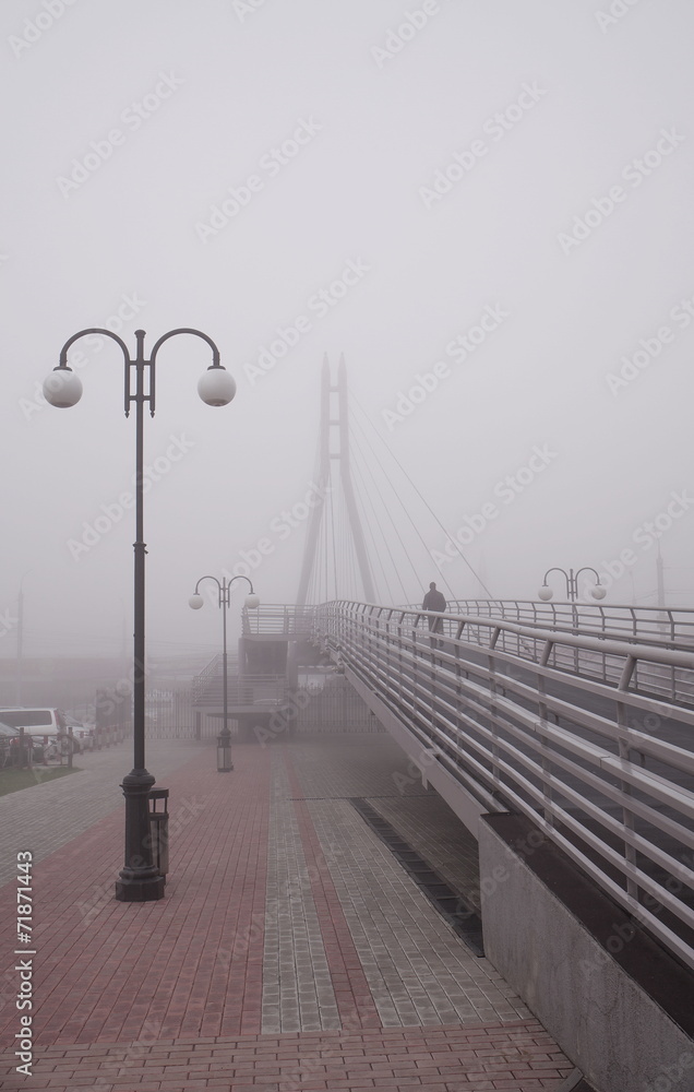 Pedestrian bridge in the fog