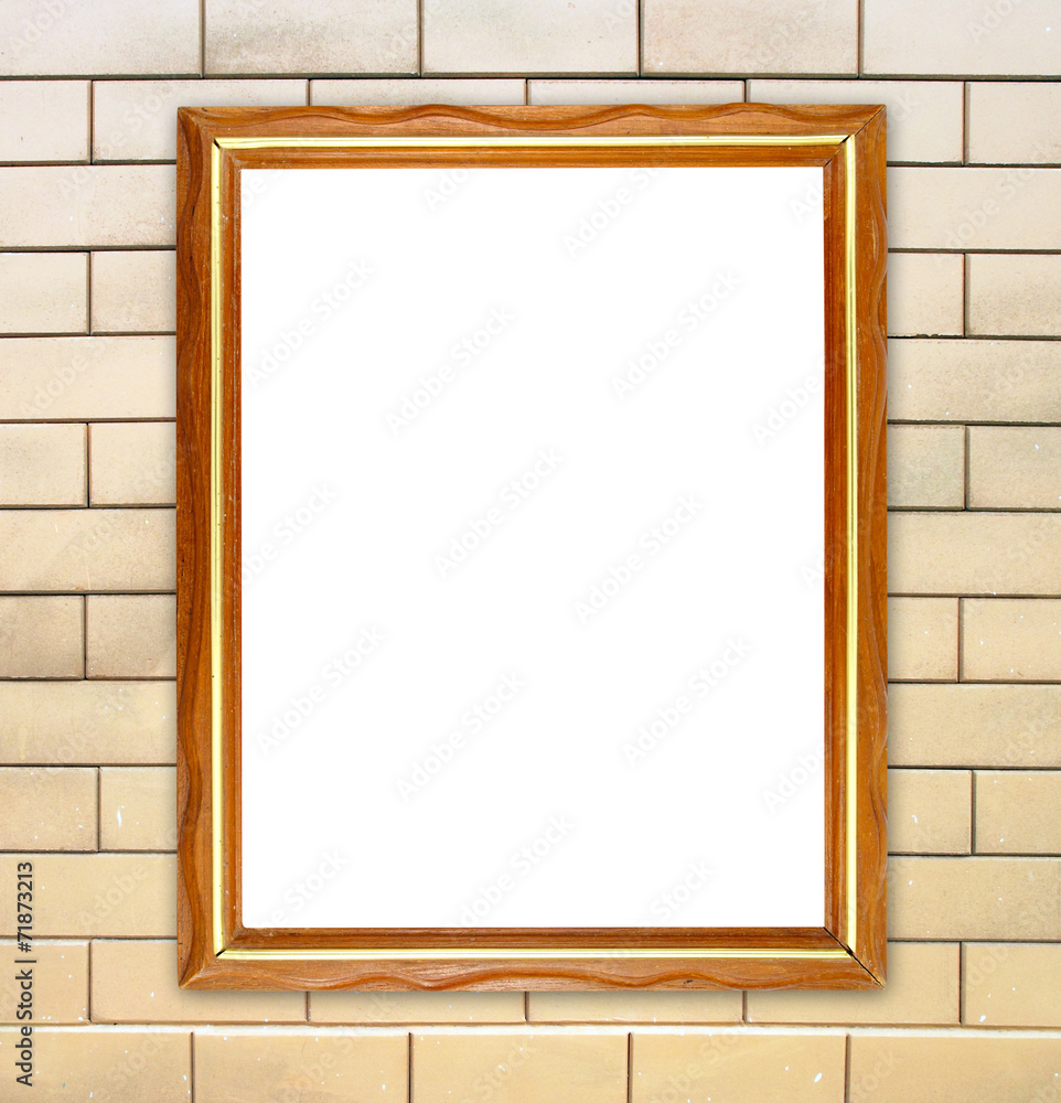 blank wood frame on brick stone wall blank wood frame on brick stone wall