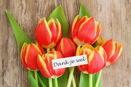 Dank je wel card, (thank you in Dutch), with red tulips photo