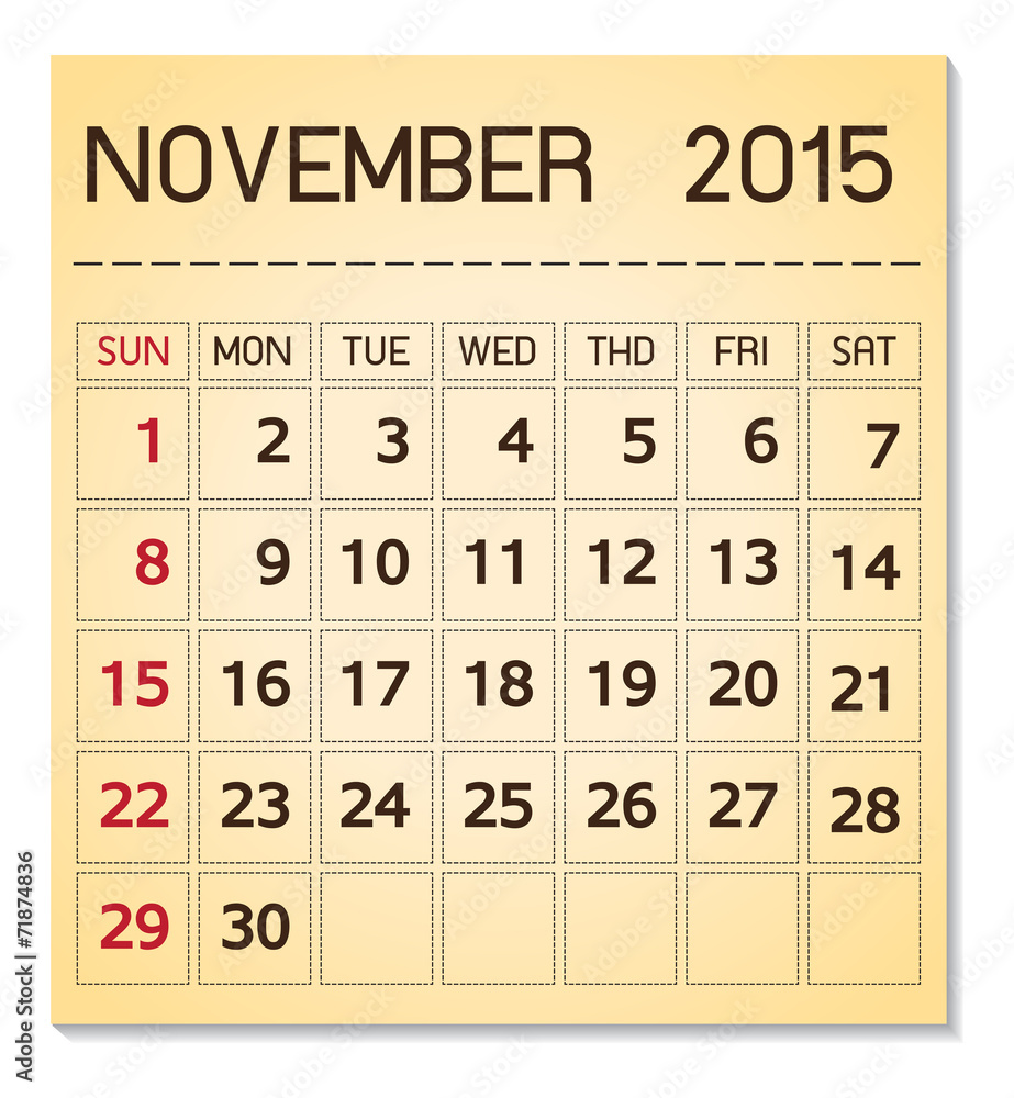 Calendar 15 11 November Stock Vector Adobe Stock