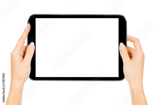 Hands holding and point on digital tablet