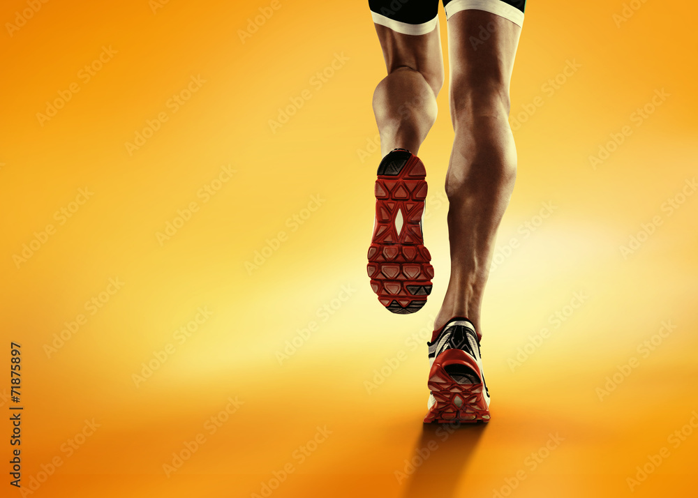 Sports background. Runner feet running closeup on shoe. - obrazy, fototapety, plakaty 