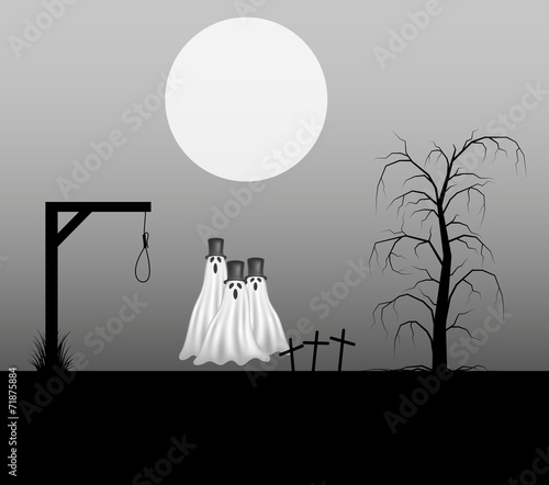 Three ghosts with hats standing in the cemetery