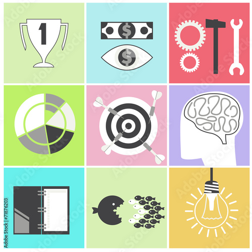 Icon set brain light bulb darts target fish eye gear
