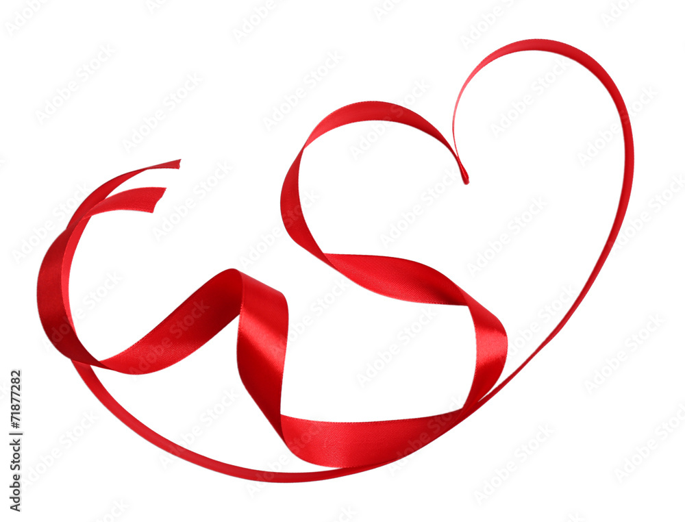 Heart shaped shiny red satin ribbon isolated on white