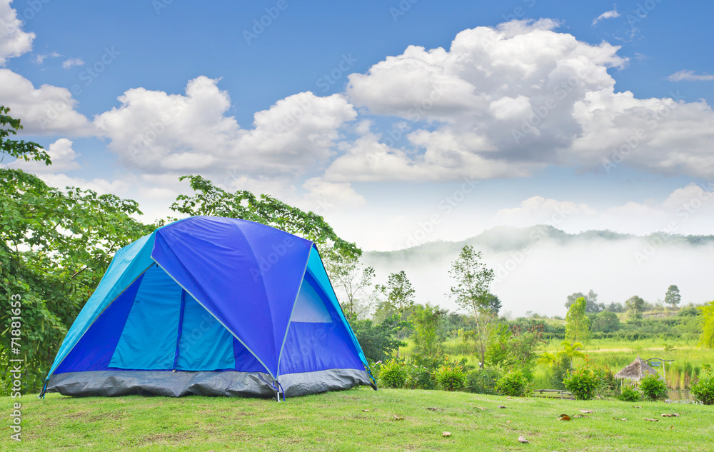 Blue tent on the mountain