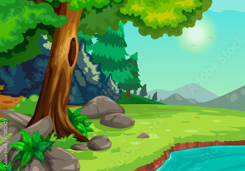 illustration of forest with a river background vector