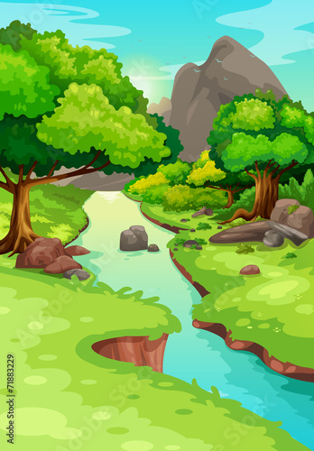 illustration of forest with a river background vector