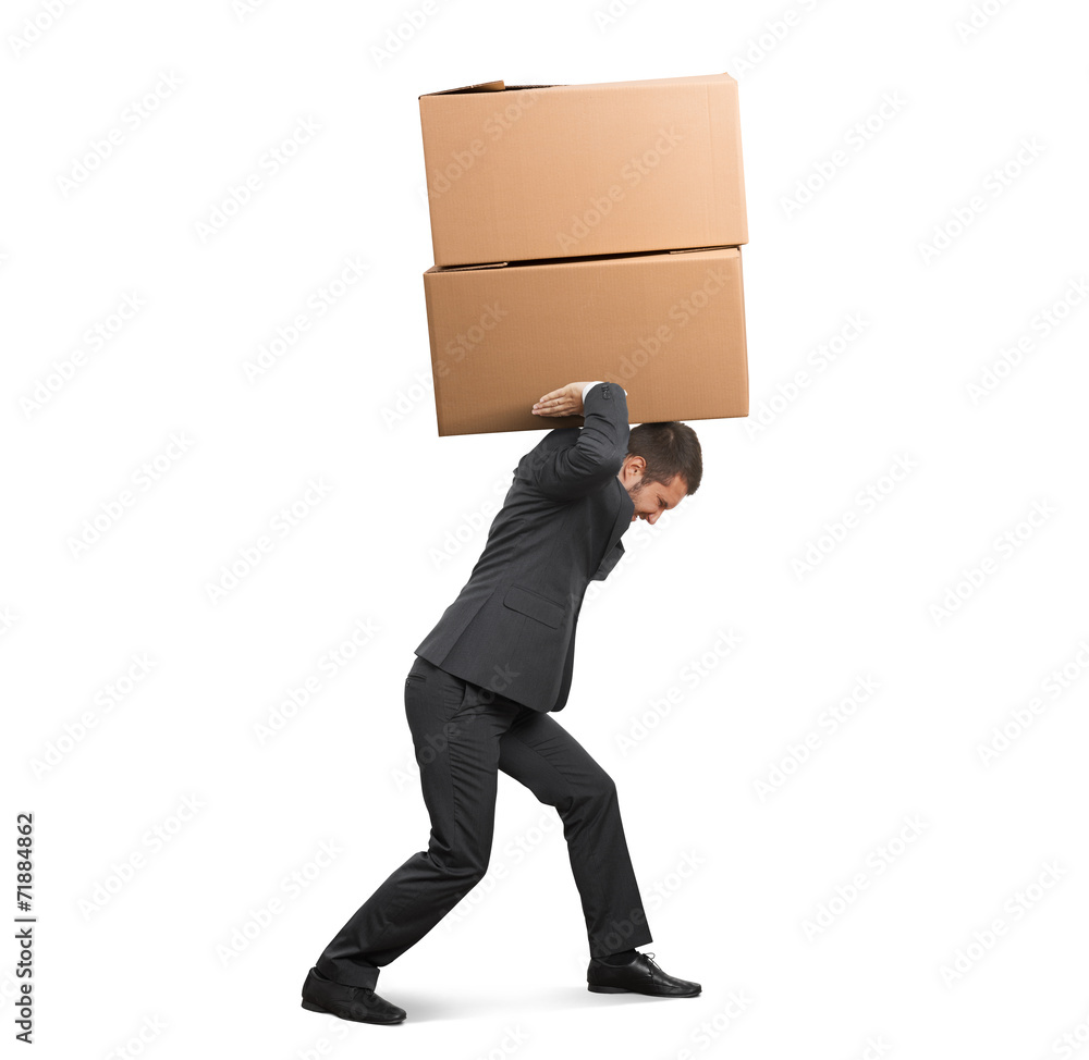 tired businessman carrying boxes tired businessman carrying boxes