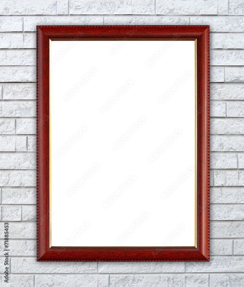 blank wood frame on brick stone wall blank wood frame on brick stone wall