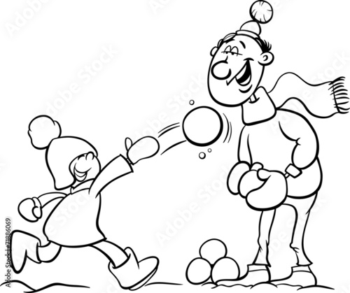 dad and son on winter coloring page