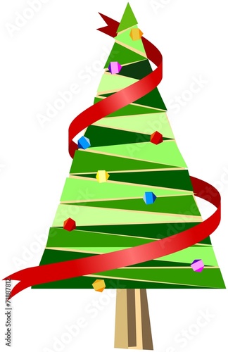 Abstract christmas tree with red ribbon and decorations